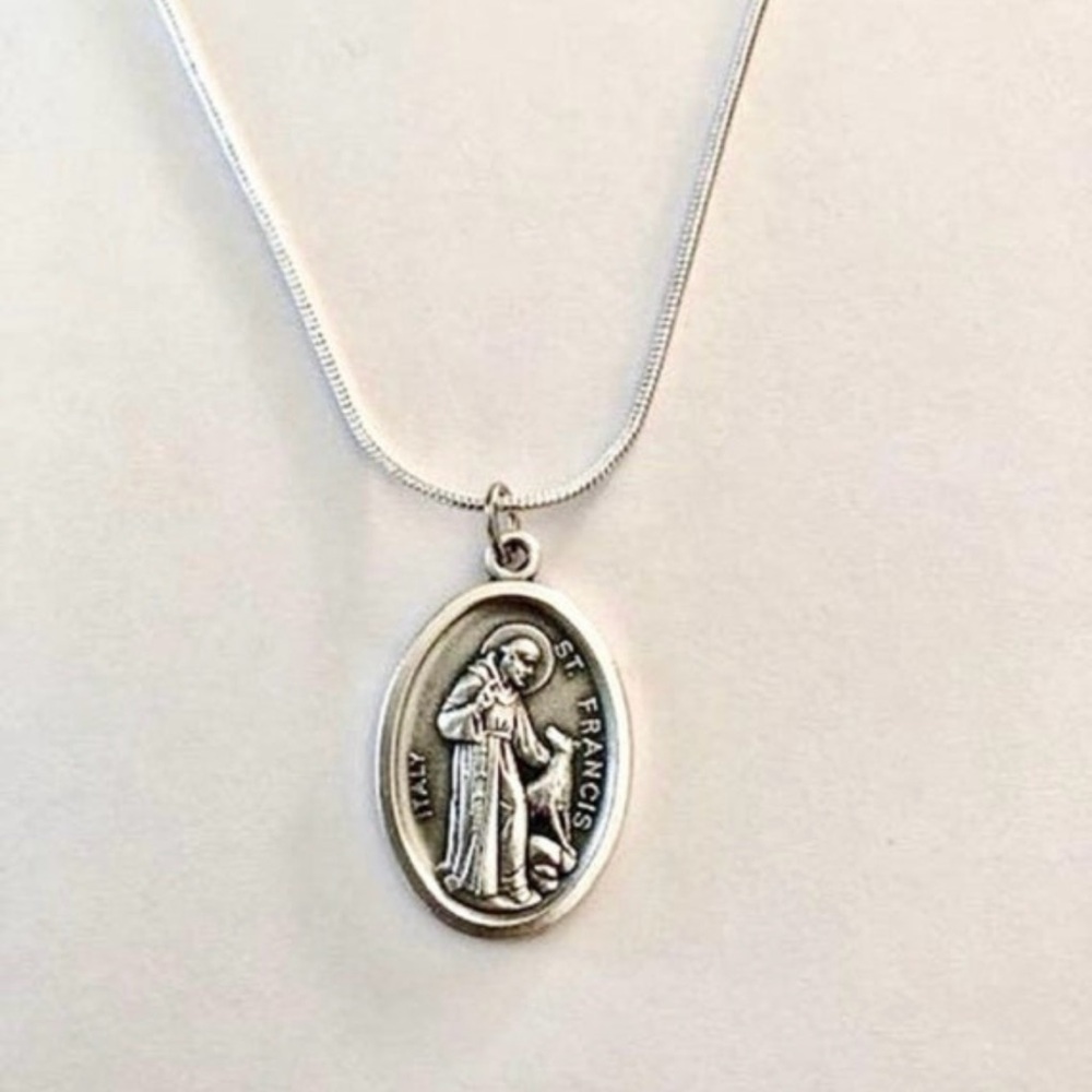 Sterling Silver 18” plated necklace with St Francis Medal FREE PRAYER CARD